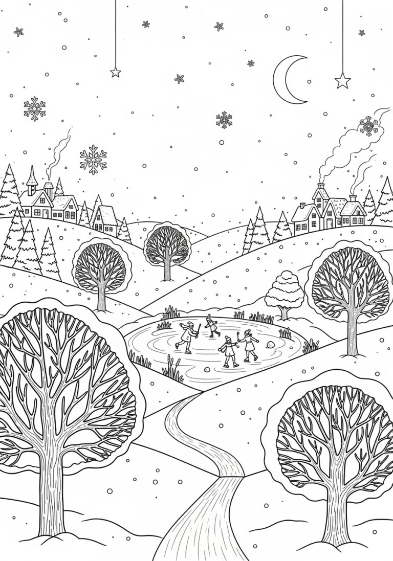 Winter Scene Coloring Page for Adults