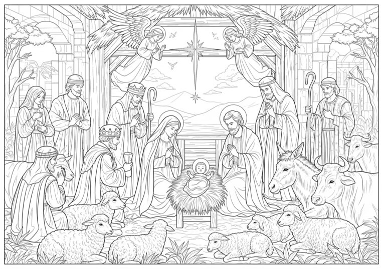 Nativity Scene Coloring Page for Adults