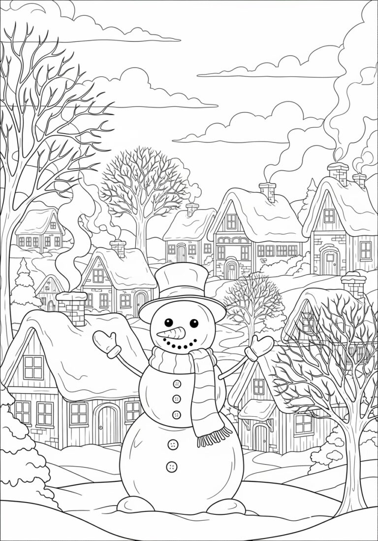Snowman Coloring Page in Cozy Village Snowman Coloring Page in Cozy Village