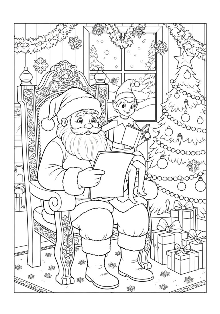 Elf on the Shelf and Santa Coloring Page
