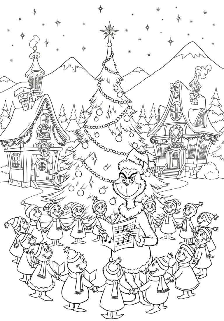 Grinch Caroling in Whoville Coloring Page Grinch Caroling in Whoville Coloring Page
