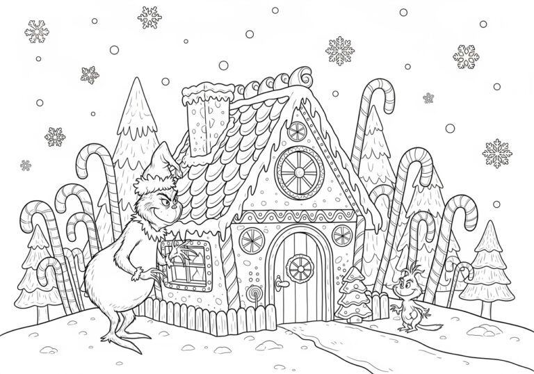 Grinch at a Gingerbread House Coloring Page Grinch at a Gingerbread House Coloring Page