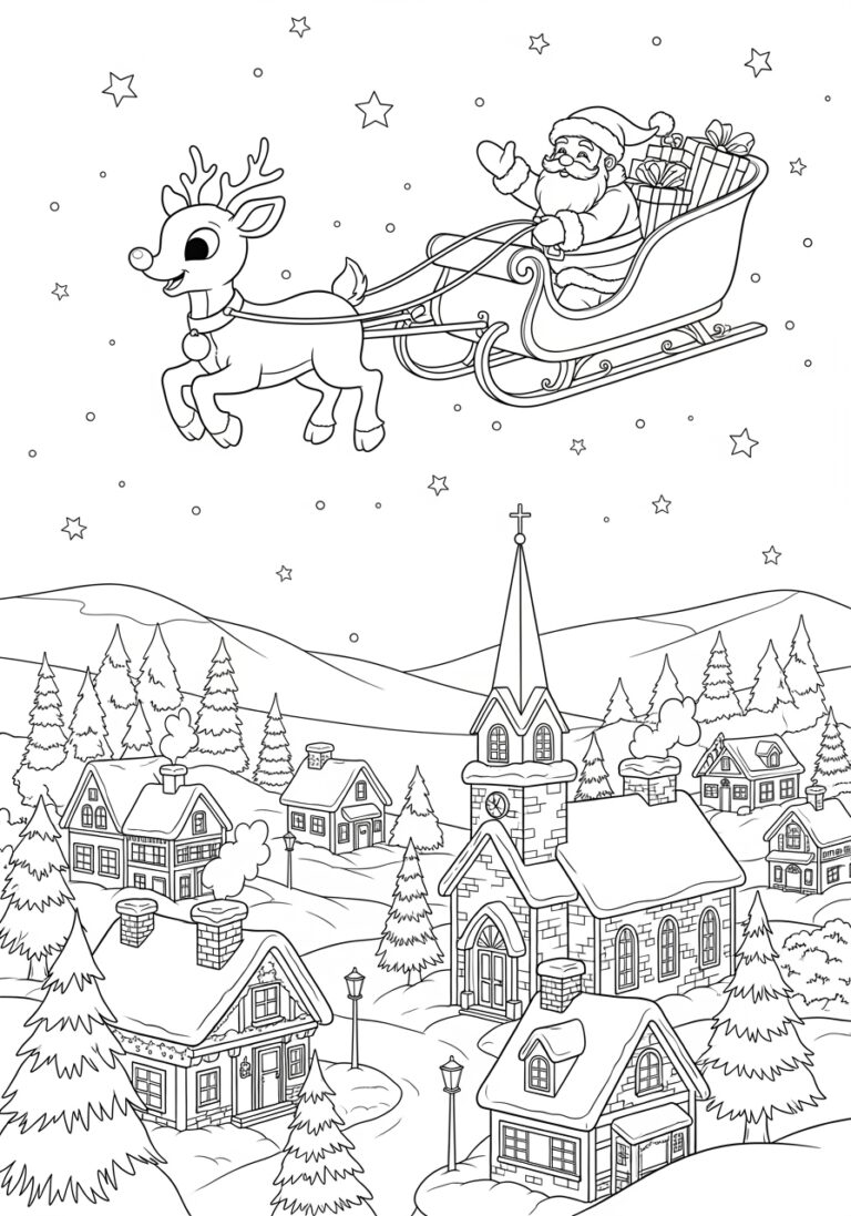 Rudolph and Santa Flying Over Snowy Village Coloring Page Rudolph and Santa Flying Over Snowy Village Coloring Page