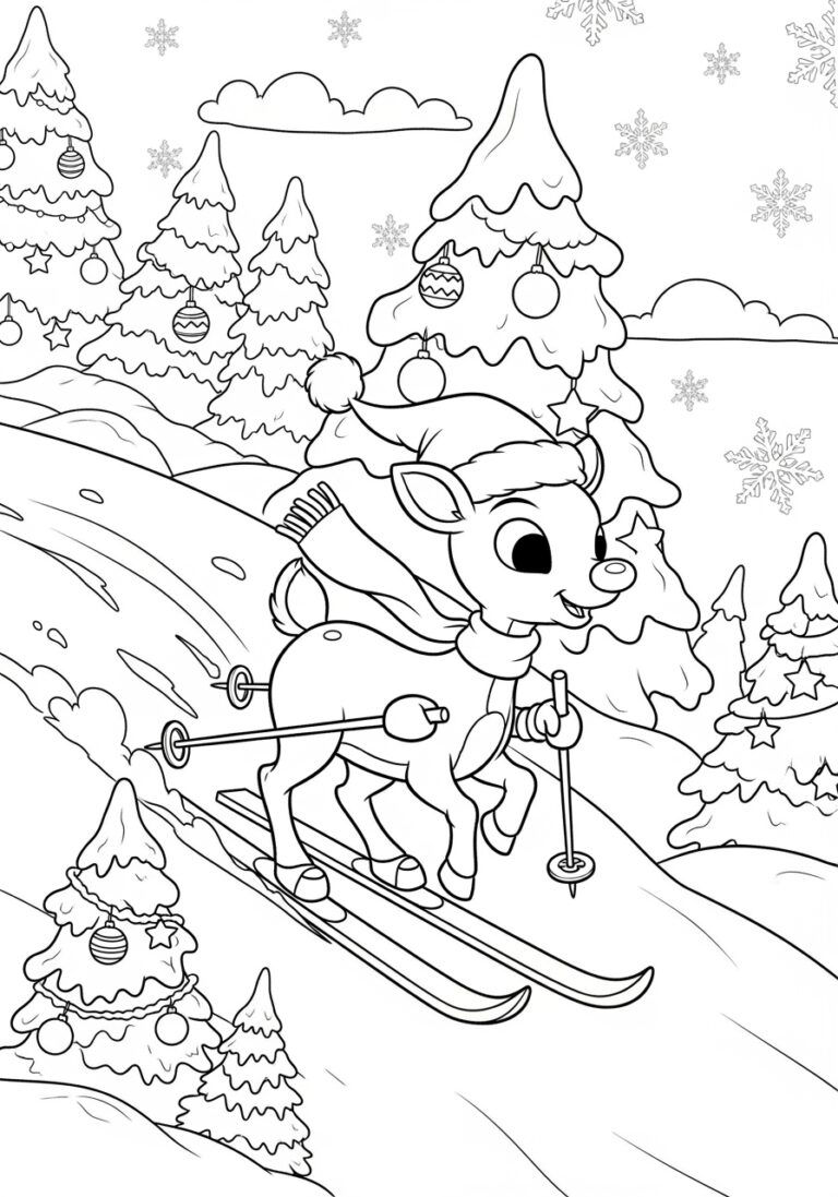 Rudolph Skiing Down a Hill Coloring Page Rudolph Skiing Down a Hill Coloring Page