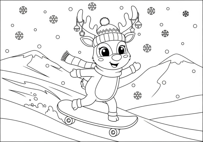 Reindeer on Skateboard Coloring Page