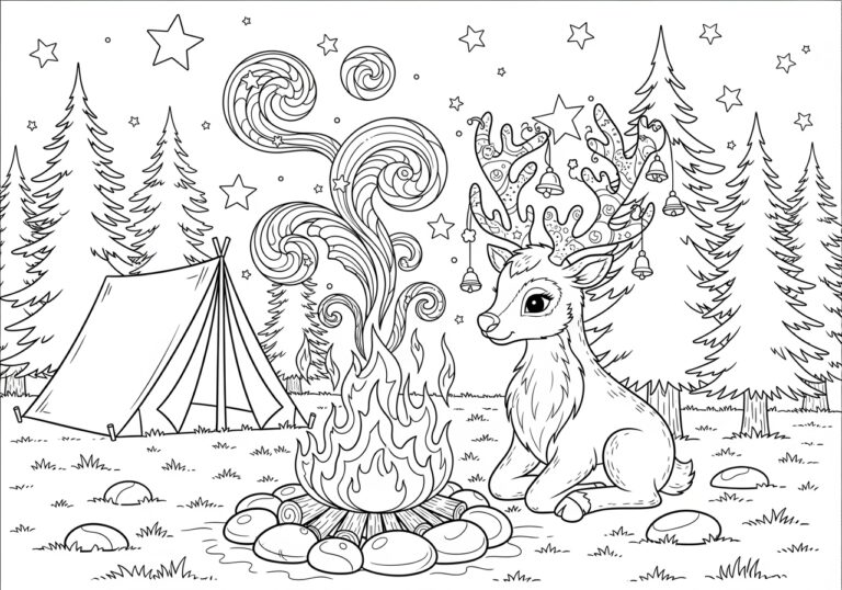 Camping Reindeer by Campfire Coloring Page