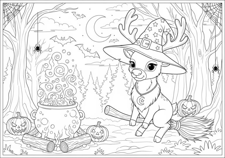 Halloween Reindeer in Witch Costume Coloring Page