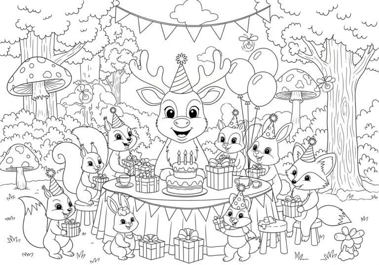 Reindeer Birthday Party Coloring Page
