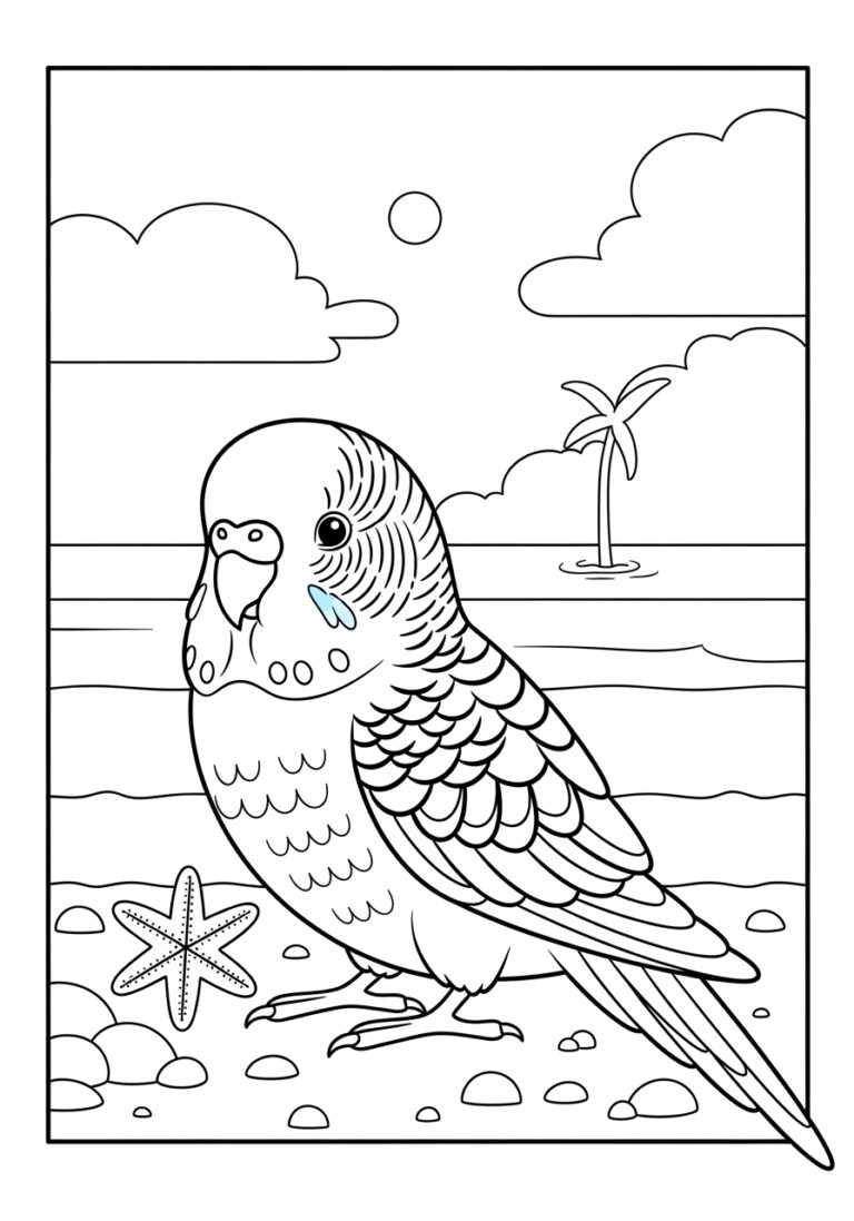 Budgie at the Beach Coloring Page