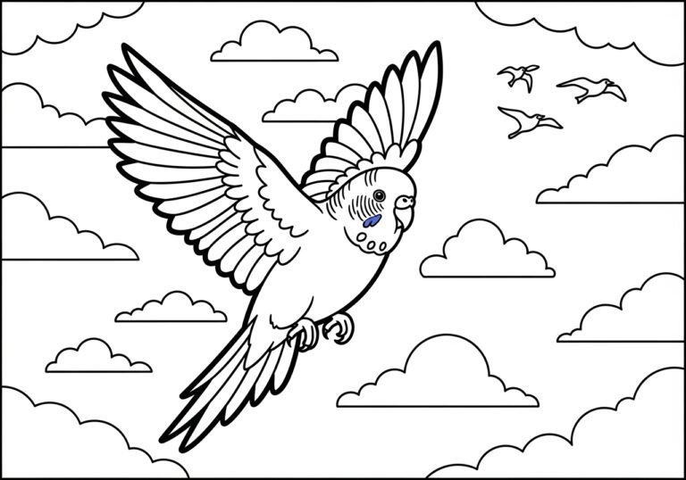 Budgie Flying in the Sky Coloring Page