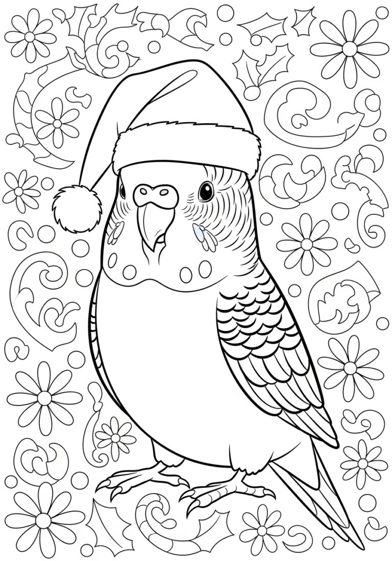 Budgie in a Christmas Hat Coloring Page