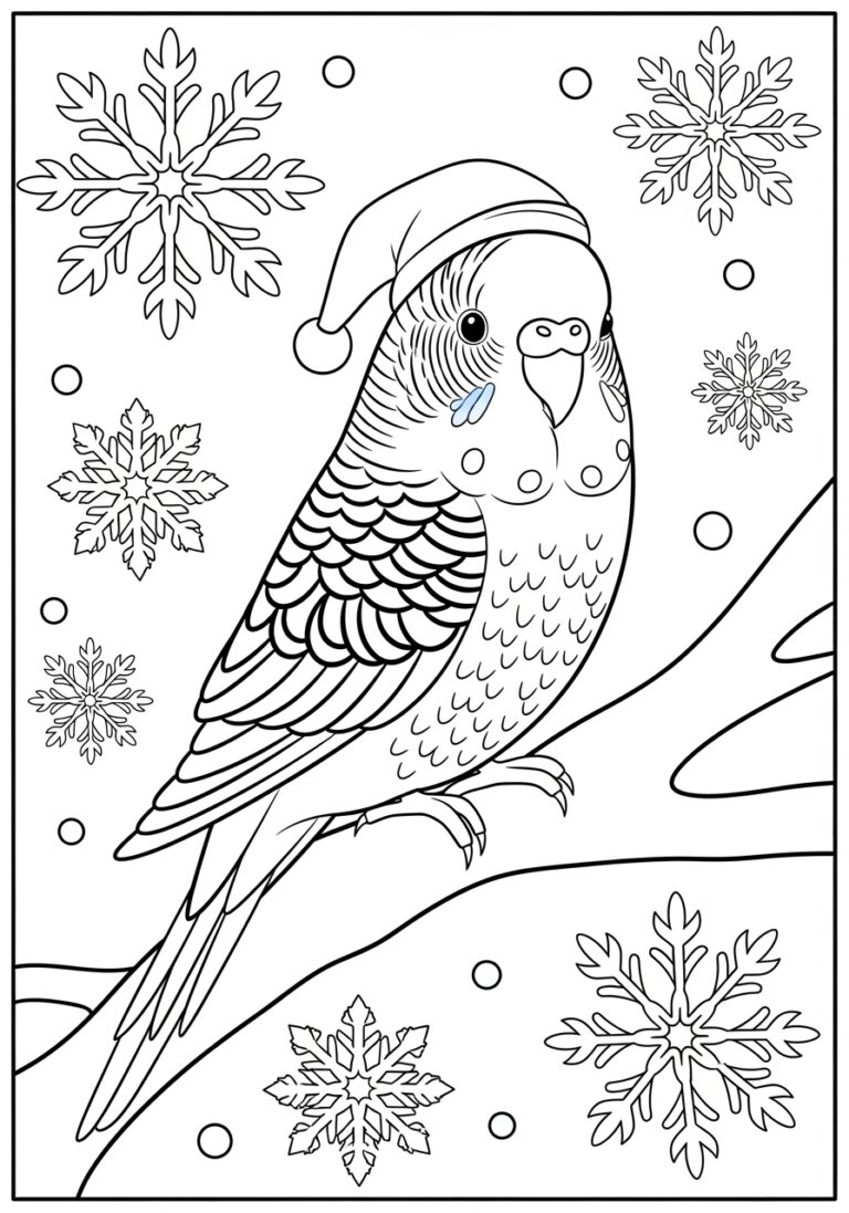 Budgie in a Winter Wonderland Coloring Page