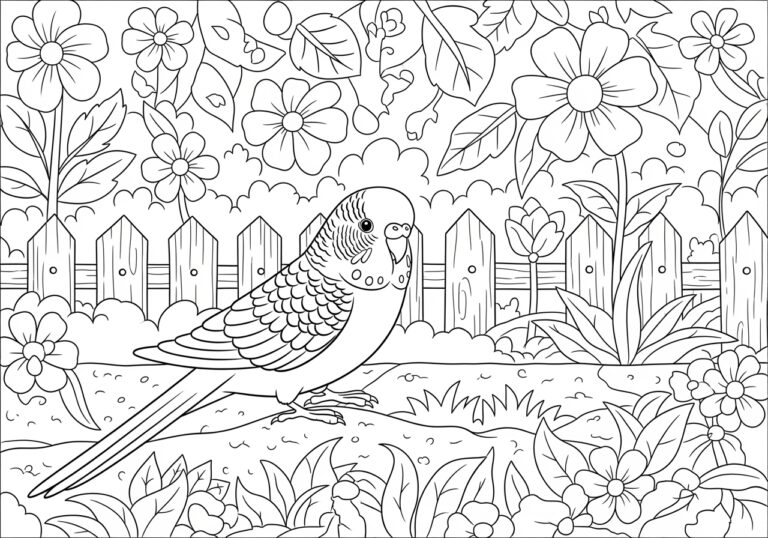 Budgie Playing in a Garden Coloring Page