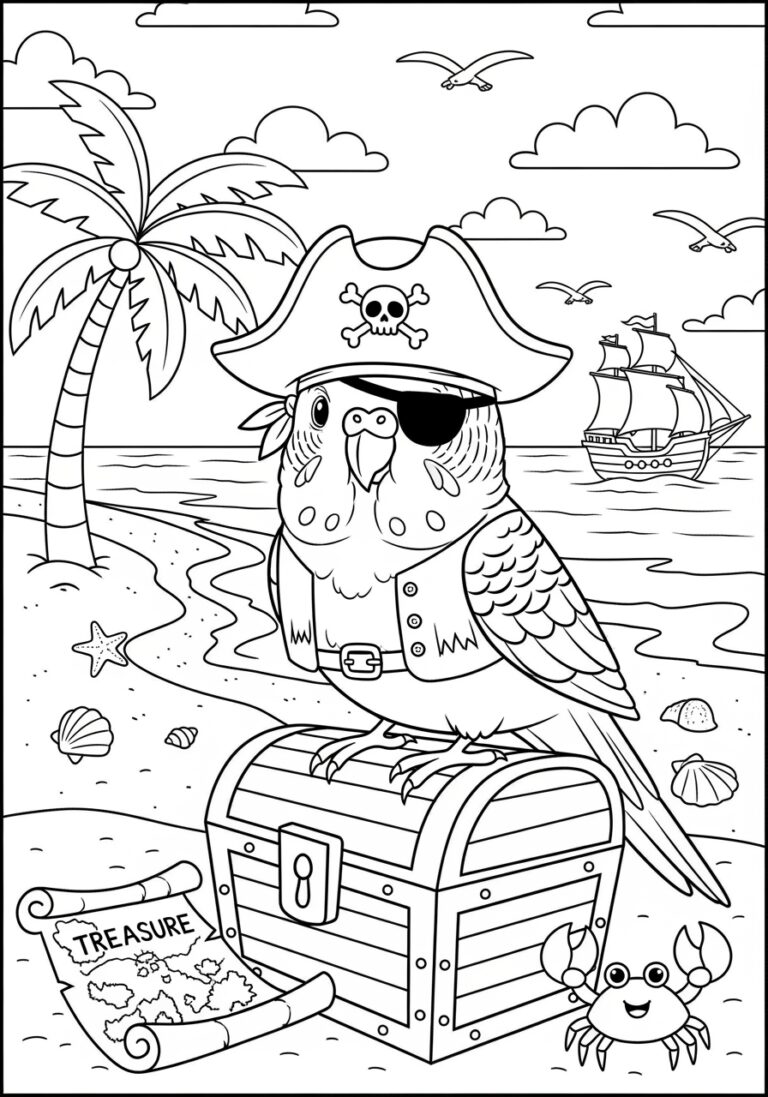 Budgie Wearing a Pirate Costume Coloring Page