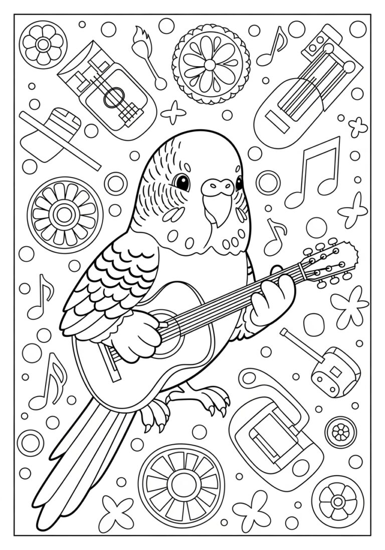 Budgie with Musical Instrument Coloring Page