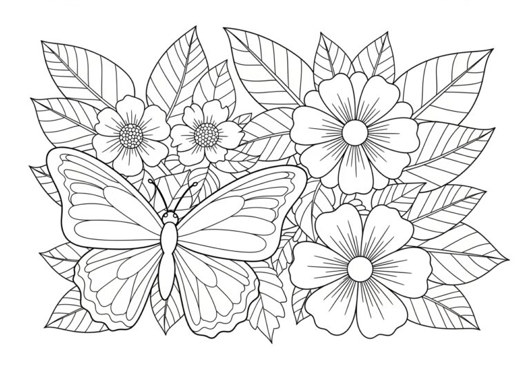 Butterfly and Flower Coloring Page for Adults