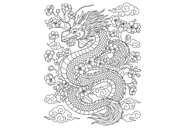 Cherry Blossom and Dragon Coloring Page