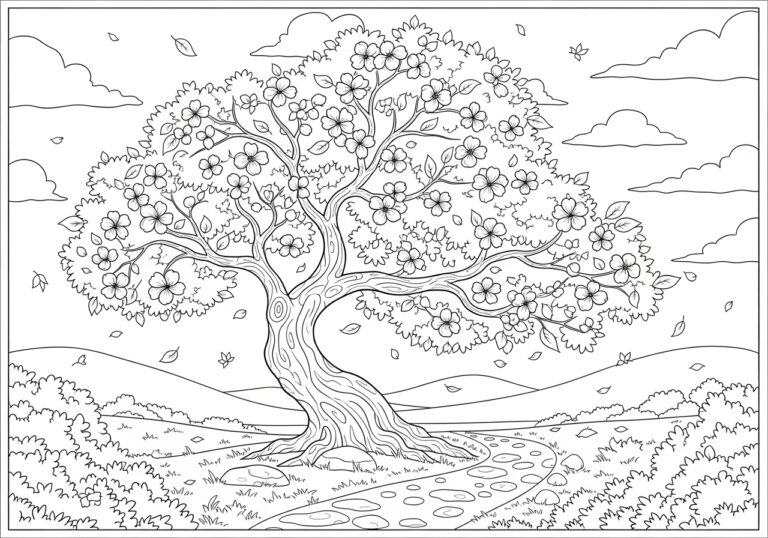Cherry Blossom in Autumn Setting Coloring Page