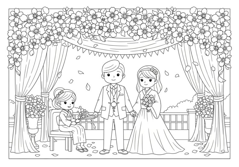 Cherry Blossom Wedding Scene Coloring Page