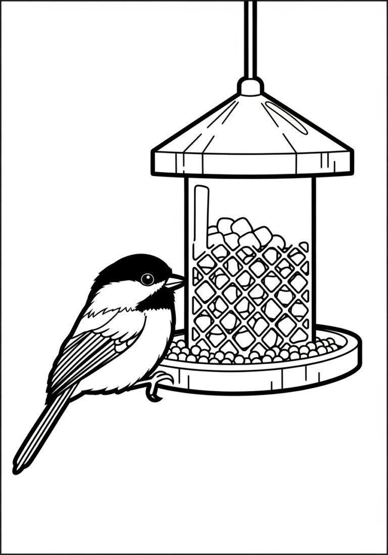 Chickadee at a Bird Feeder Coloring Page