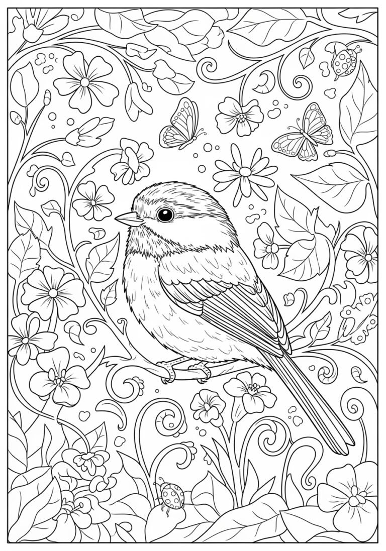 Chickadee in a Spring Garden Coloring Page