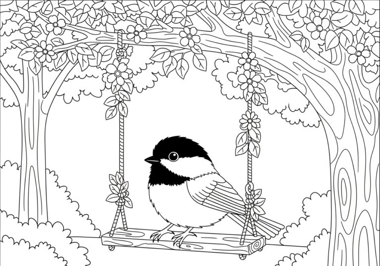 Chickadee on a Tree Swing Coloring Page