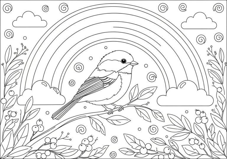 Chickadee under a Rainbow Coloring Page