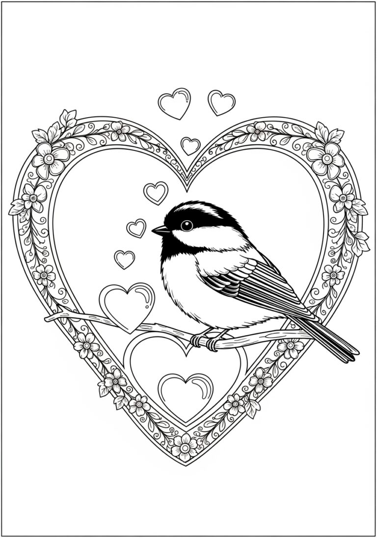 Chickadee with Valentine Heart Coloring Page