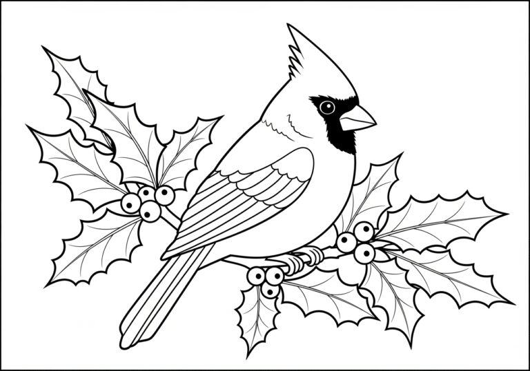 Christmas Cardinal with Holly Coloring Page