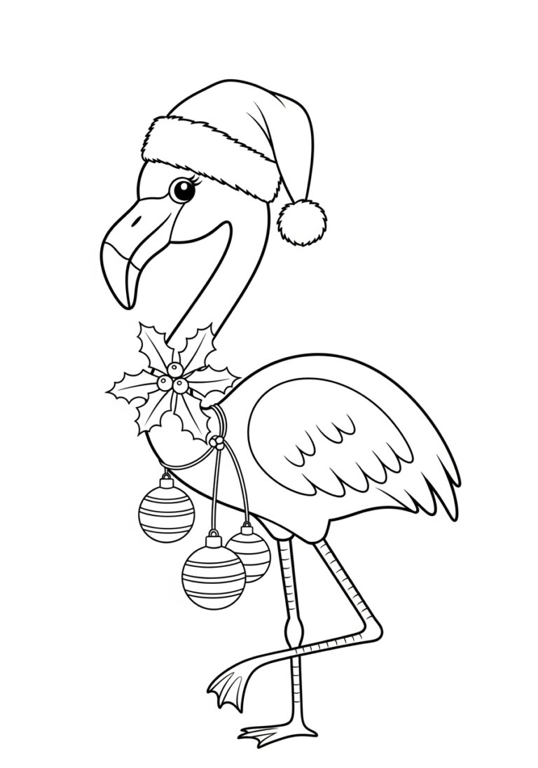 Christmas Flamingo with Santa Hat Coloring Page