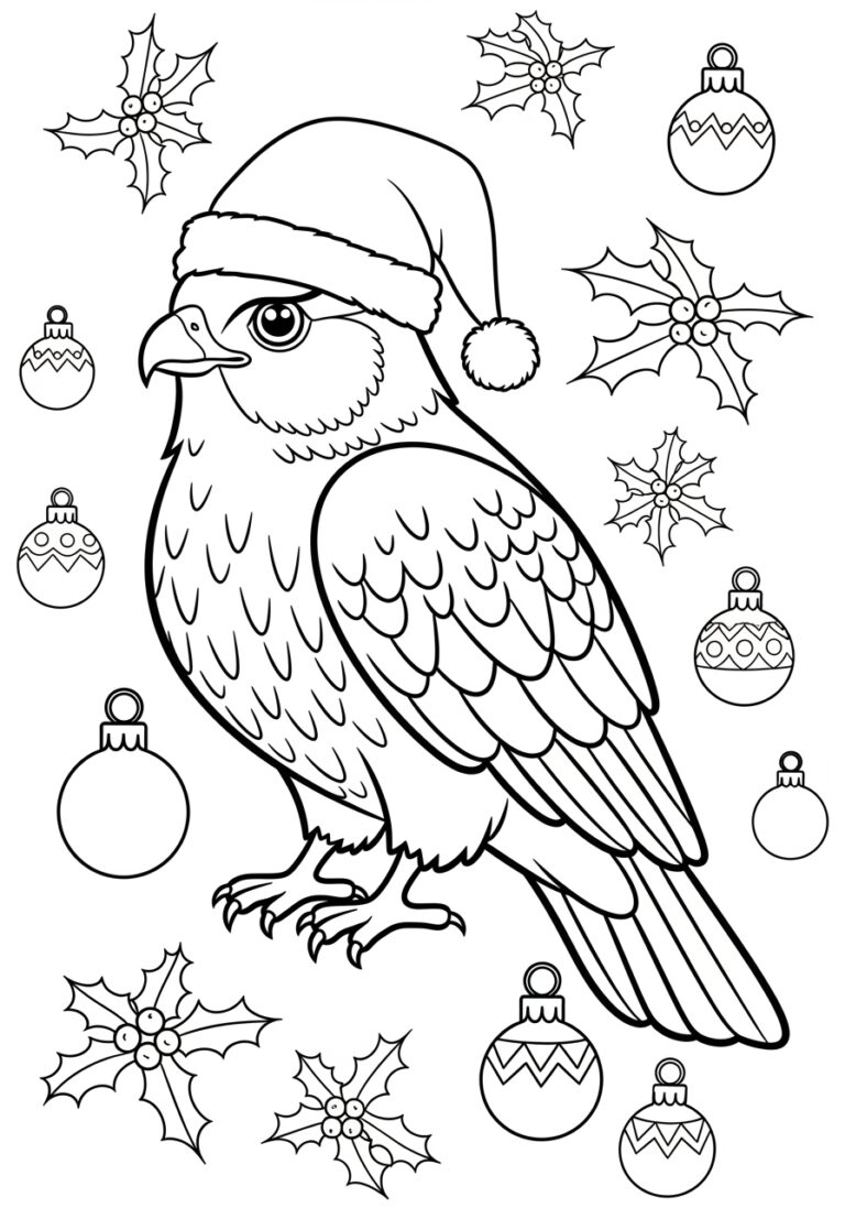 Christmas Hawk with Santa Hat Coloring Page
