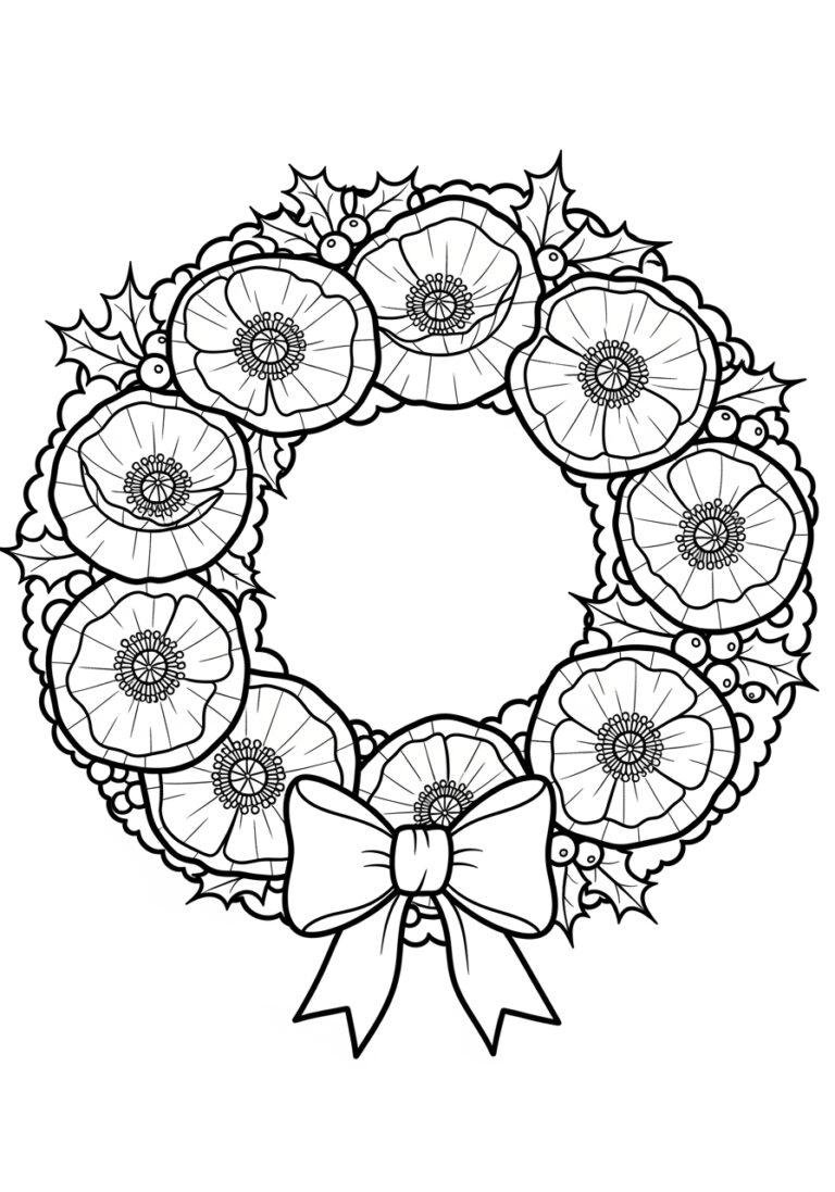Christmas Poppy Wreath Coloring Page