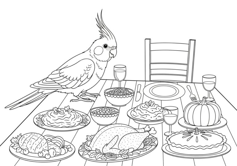 Cockatiel at Thanksgiving Dinner Coloring Page