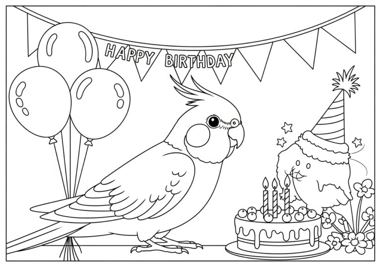 Cockatiel Celebrating Birthday Coloring Page