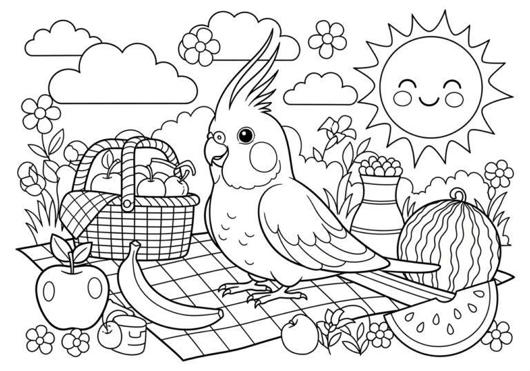 Cockatiel Enjoying a Summer Picnic Coloring Page