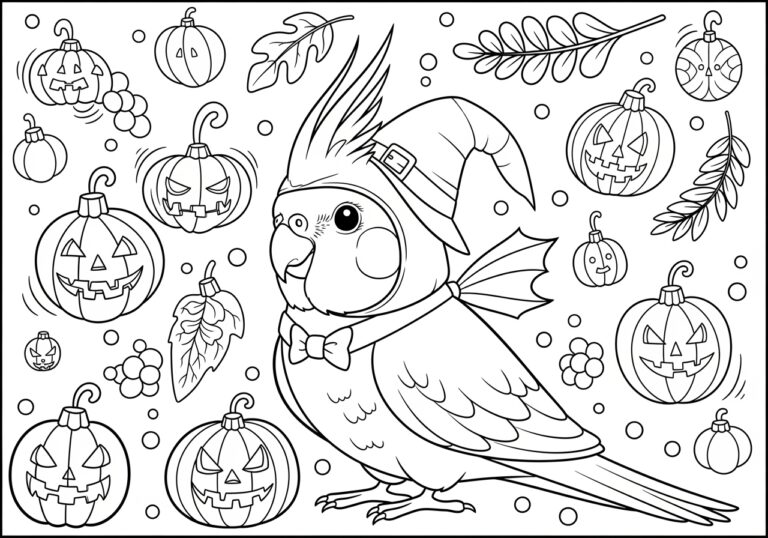 Cockatiel in a Halloween Costume Coloring Page