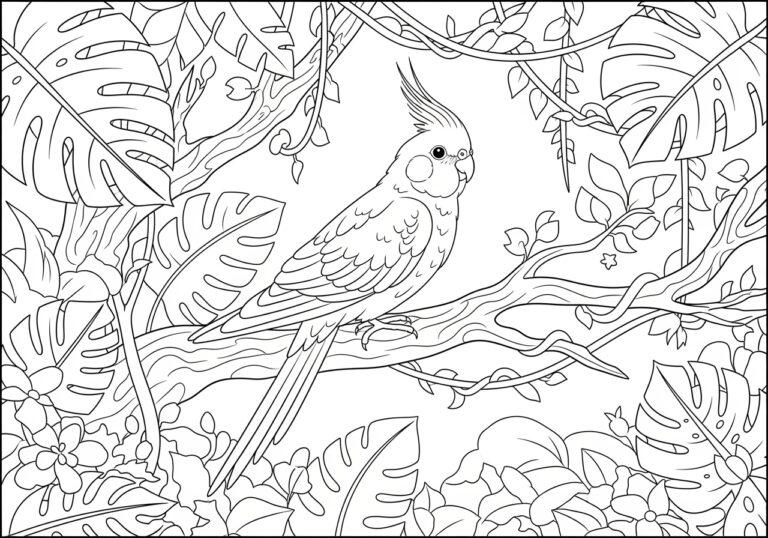 Cockatiel in a Jungle Setting Coloring Page