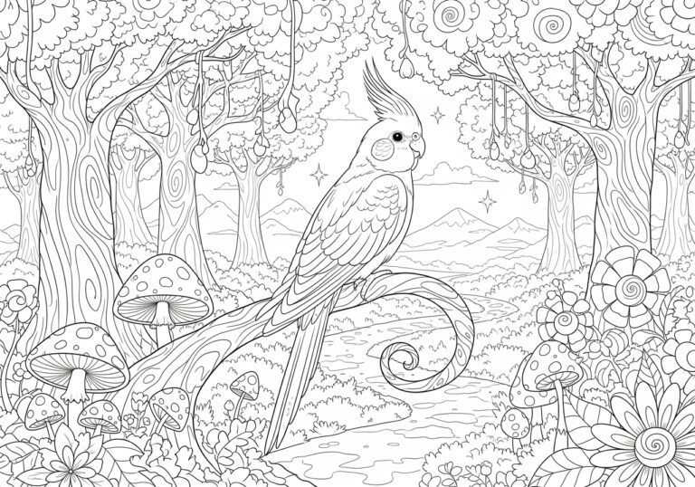 Cockatiel in a Magical Forest Coloring Page