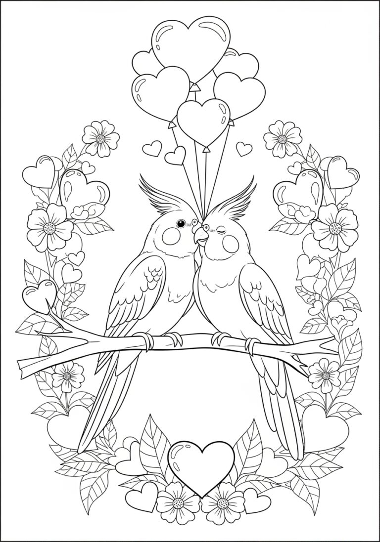 Cockatiel in a Valentine’s Day Setting Coloring Page