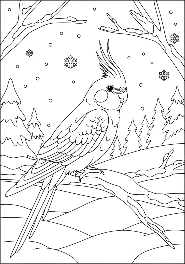 Cockatiel in a Winter Wonderland Coloring Page