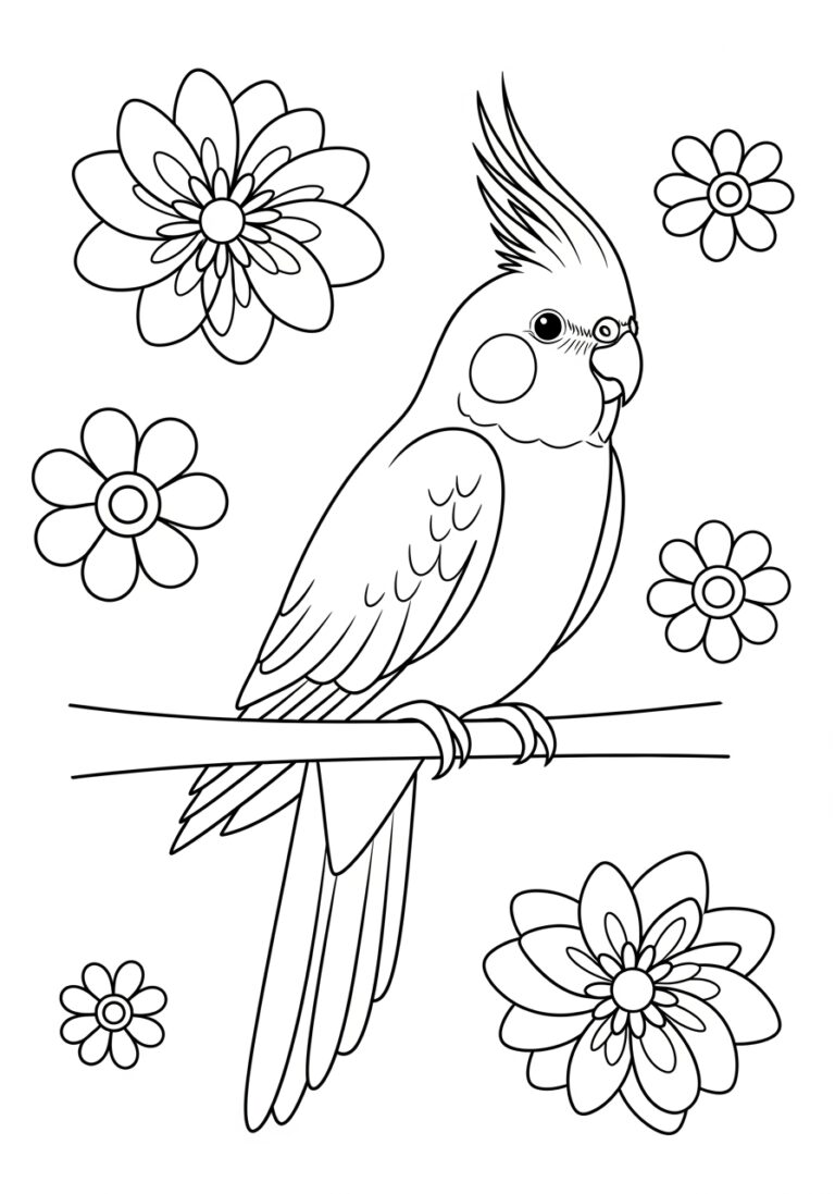 Cockatiel Sitting on a Branch Coloring Page
