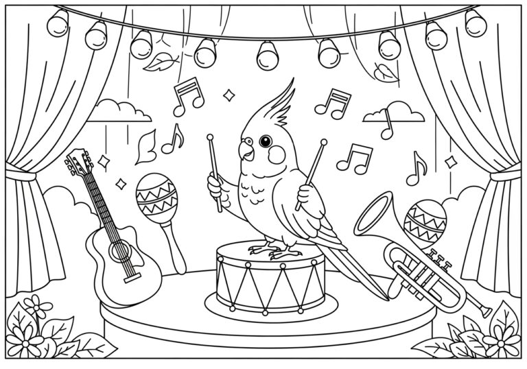 Cockatiel with Musical Instrument Coloring Page