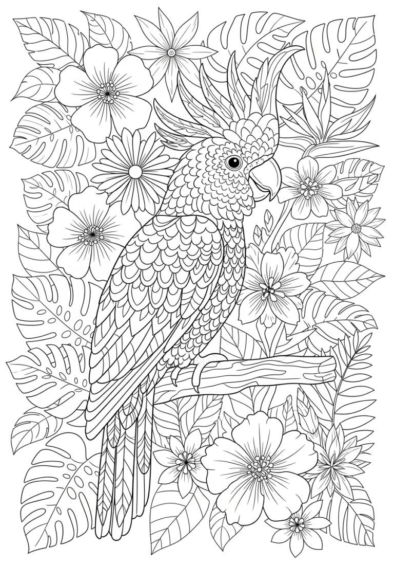 Cockatoo and Tropical Flowers Coloring Page