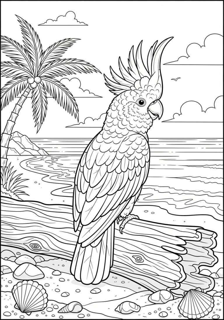 Cockatoo on a Beach Coloring Page