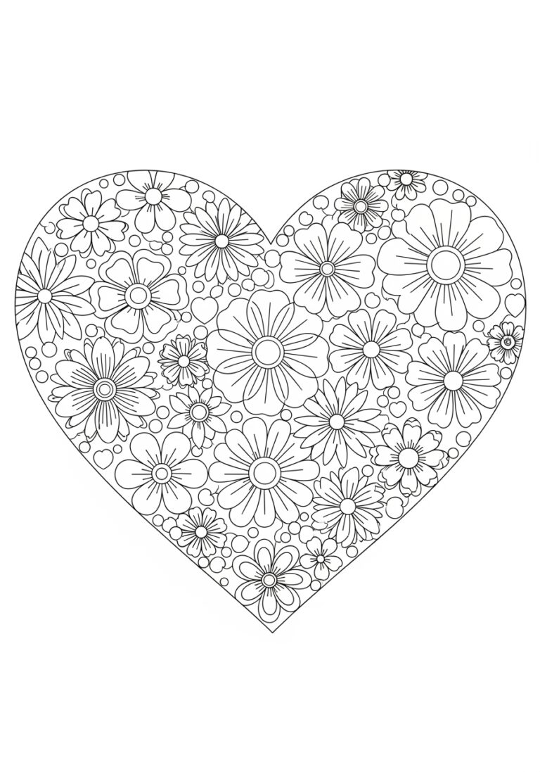 Coloring Page Flower and Heart