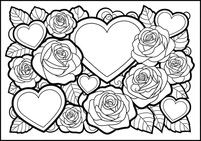Coloring Page of Roses and Hearts