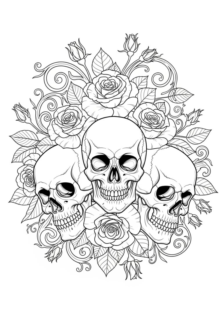 Coloring Page of Skulls and Roses