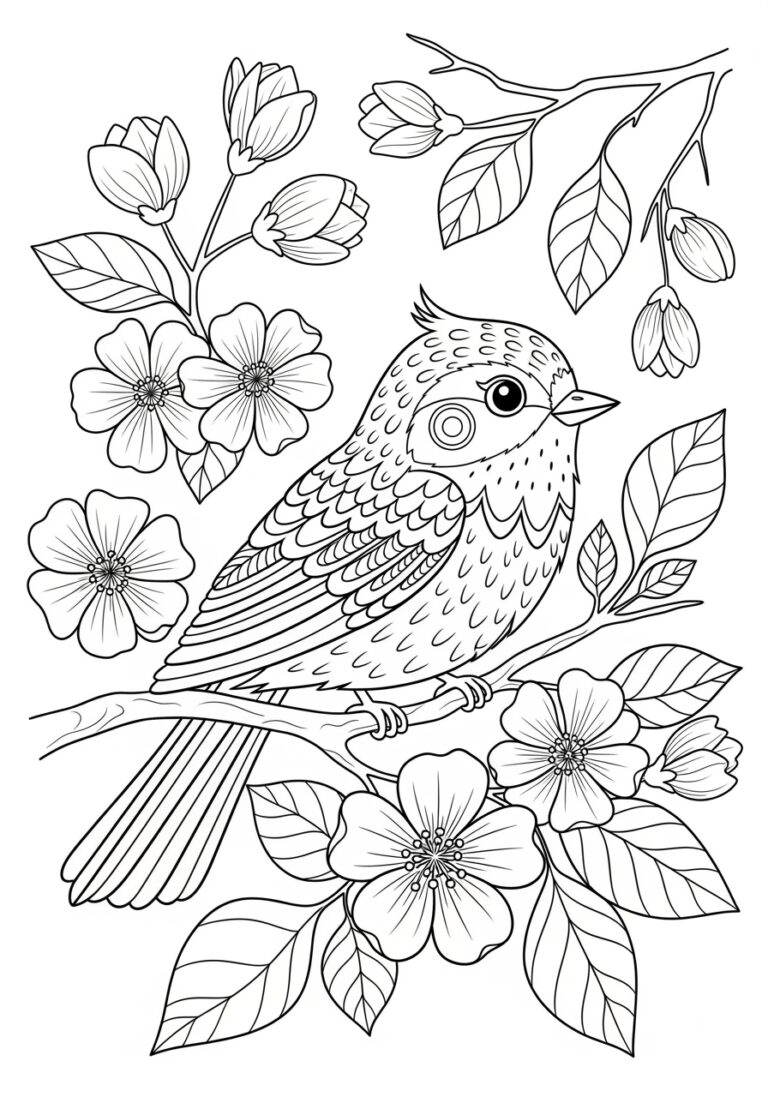 Coloring Picture of Bird on Spring Flowers