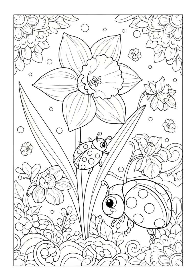 Daffodil and Ladybug Adventure Coloring Page
