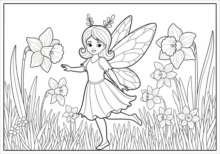 Daffodil Fairy in a Flower Field Coloring Page